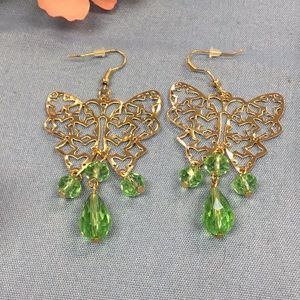 Butterfly Dangle Earrings Green Crystal Beads
